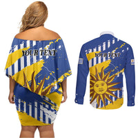 Personalized Uruguay 200th Independence Day Couples Matching Off Shoulder Short Dress and Long Sleeve Button Shirt Sol de Mayo Grunge Stylized - Wonder Print Shop