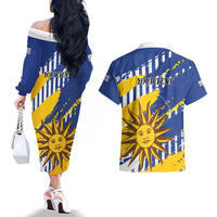 Personalized Uruguay 200th Independence Day Couples Matching Off The Shoulder Long Sleeve Dress and Hawaiian Shirt Sol de Mayo Grunge Stylized - Wonder Print Shop