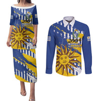 Personalized Uruguay 200th Independence Day Couples Matching Puletasi and Long Sleeve Button Shirt Sol de Mayo Grunge Stylized - Wonder Print Shop