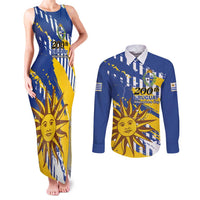 Personalized Uruguay 200th Independence Day Couples Matching Tank Maxi Dress and Long Sleeve Button Shirt Sol de Mayo Grunge Stylized - Wonder Print Shop