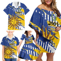 Personalized Uruguay 200th Independence Day Family Matching Off Shoulder Short Dress and Hawaiian Shirt Sol de Mayo Grunge Stylized - Wonder Print Shop