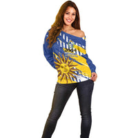 Personalized Uruguay 200th Independence Day Off Shoulder Sweater Sol de Mayo Grunge Stylized - Wonder Print Shop