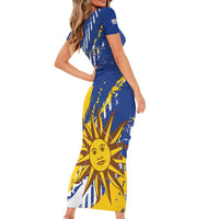 Personalized Uruguay 200th Independence Day Short Sleeve Bodycon Dress Sol de Mayo Grunge Stylized - Wonder Print Shop