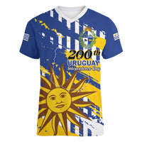 Personalized Uruguay 200th Independence Day Women V-Neck T-Shirt Sol de Mayo Grunge Stylized - Wonder Print Shop