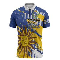 Personalized Uruguay 200th Independence Day Zipper Polo Shirt Sol de Mayo Grunge Stylized - Wonder Print Shop