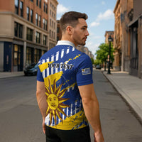 Personalized Uruguay 200th Independence Day Zipper Polo Shirt Sol de Mayo Grunge Stylized - Wonder Print Shop