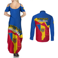 Moldova Independence Day Couples Matching Summer Maxi Dress and Long Sleeve Button Shirts Coat of Arms Special Version - Wonder Print Shop