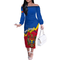 Moldova Independence Day Off The Shoulder Long Sleeve Dress Coat of Arms Special Version - Wonder Print Shop