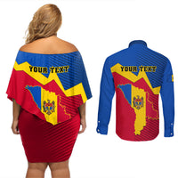 Personalised Moldova Independence Day Couples Matching Off Shoulder Short Dress and Long Sleeve Button Shirts Coat of Arms Special Version - Wonder Print Shop