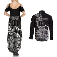 Custom New Zealand Silver Fern Rugby Couples Matching Summer Maxi Dress and Long Sleeve Button Shirts Aotearoa Kiwi Maori Black Version - Wonder Print Shop