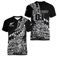 Custom New Zealand Silver Fern Rugby Women V Neck T Shirt Aotearoa Kiwi Maori Black Version - Wonder Print Shop