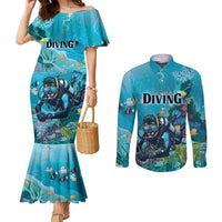 Personalized Scuba Diving Couples Matching Mermaid Dress and Long Sleeve Button Shirt Explore The Depths Discover Yourself - Wonder Print Shop