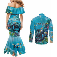 Personalized Scuba Diving Couples Matching Mermaid Dress and Long Sleeve Button Shirt Explore The Depths Discover Yourself - Wonder Print Shop