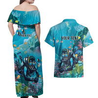 Personalized Scuba Diving Couples Matching Off Shoulder Maxi Dress and Hawaiian Shirt Explore The Depths Discover Yourself - Wonder Print Shop