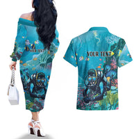 Personalized Scuba Diving Couples Matching Off The Shoulder Long Sleeve Dress and Hawaiian Shirt Explore The Depths Discover Yourself - Wonder Print Shop