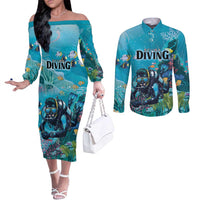 Personalized Scuba Diving Couples Matching Off The Shoulder Long Sleeve Dress and Long Sleeve Button Shirt Explore The Depths Discover Yourself - Wonder Print Shop