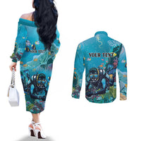 Personalized Scuba Diving Couples Matching Off The Shoulder Long Sleeve Dress and Long Sleeve Button Shirt Explore The Depths Discover Yourself - Wonder Print Shop
