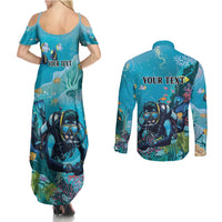 Personalized Scuba Diving Couples Matching Summer Maxi Dress and Long Sleeve Button Shirt Explore The Depths Discover Yourself - Wonder Print Shop