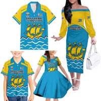 Personalized Saint Pierre and Miquelon Family Matching Off The Shoulder Long Sleeve Dress and Hawaiian Shirt A Mare Labor - Wonder Print Shop
