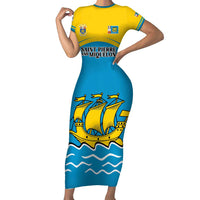 Personalized Saint Pierre and Miquelon Short Sleeve Bodycon Dress A Mare Labor - Wonder Print Shop