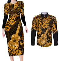 Hawaii Ukulele Couples Matching Long Sleeve Bodycon Dress and Long Sleeve Button Shirts Polynesian Pattern Gold Version - Wonder Print Shop
