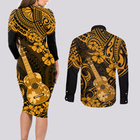 Hawaii Ukulele Couples Matching Long Sleeve Bodycon Dress and Long Sleeve Button Shirts Polynesian Pattern Gold Version - Wonder Print Shop