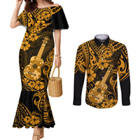 hawaii-ukulele-couples-matching-mermaid-dress-and-long-sleeve-button-shirts-polynesian-pattern-gold-version