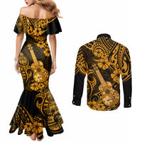 hawaii-ukulele-couples-matching-mermaid-dress-and-long-sleeve-button-shirts-polynesian-pattern-gold-version