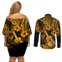 Hawaii Ukulele Couples Matching Off Shoulder Short Dress and Long Sleeve Button Shirts Polynesian Pattern Gold Version - Wonder Print Shop