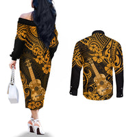 hawaii-ukulele-couples-matching-off-the-shoulder-long-sleeve-dress-and-long-sleeve-button-shirts-polynesian-pattern-gold-version