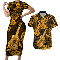 Hawaii Ukulele Couples Matching Short Sleeve Bodycon Dress and Hawaiian Shirt Polynesian Pattern Gold Version - Wonder Print Shop