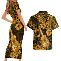 Hawaii Ukulele Couples Matching Short Sleeve Bodycon Dress and Hawaiian Shirt Polynesian Pattern Gold Version - Wonder Print Shop
