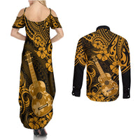 Hawaii Ukulele Couples Matching Summer Maxi Dress and Long Sleeve Button Shirts Polynesian Pattern Gold Version - Wonder Print Shop