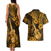 Hawaii Ukulele Couples Matching Tank Maxi Dress and Hawaiian Shirt Polynesian Pattern Gold Version - Wonder Print Shop