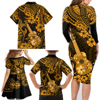 Hawaii Ukulele Family Matching Long Sleeve Bodycon Dress and Hawaiian Shirt Polynesian Pattern Gold Version - Wonder Print Shop