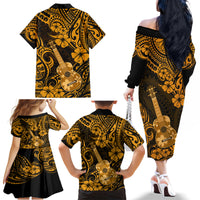 Hawaii Ukulele Family Matching Off Shoulder Long Sleeve Dress and Hawaiian Shirt Polynesian Pattern Gold Version - Wonder Print Shop