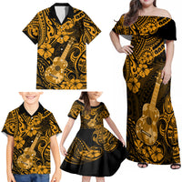 Hawaii Ukulele Family Matching Off Shoulder Maxi Dress and Hawaiian Shirt Polynesian Pattern Gold Version - Wonder Print Shop