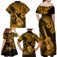Hawaii Ukulele Family Matching Off Shoulder Maxi Dress and Hawaiian Shirt Polynesian Pattern Gold Version - Wonder Print Shop