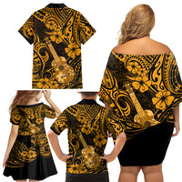 Hawaii Ukulele Family Matching Off Shoulder Short Dress and Hawaiian Shirt Polynesian Pattern Gold Version - Wonder Print Shop