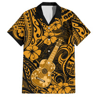Short-sleeve Hawaiian button-up shirt, black with gold hibiscus and ukulele print