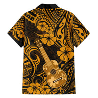 Short-sleeve Hawaiian shirt, black-and-gold swirl pattern with hibiscus and ukulele