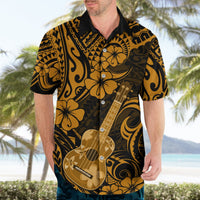 Mens short-sleeve Hawaiian button-up shirt, black with gold hibiscus ukulele print