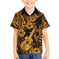 Kids short-sleeve Hawaiian button-up shirt, black with gold flower and ukulele print