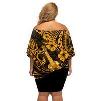 Hawaii Ukulele Off Shoulder Short Dress Polynesian Pattern Gold Version - Wonder Print Shop