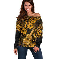Hawaii Ukulele Off Shoulder Sweater Polynesian Pattern Gold Version - Wonder Print Shop