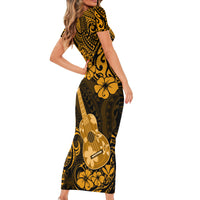 Hawaii Ukulele Short Sleeve Bodycon Dress Polynesian Pattern Gold Version - Wonder Print Shop