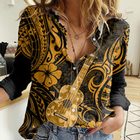 Hawaii Ukulele Women Casual Shirt Polynesian Pattern Gold Version - Wonder Print Shop