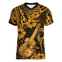 Hawaii Ukulele Women V Neck T Shirt Polynesian Pattern Gold Version - Wonder Print Shop