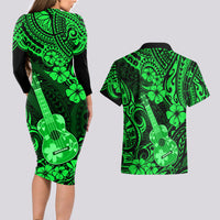 Hawaii Ukulele Couples Matching Long Sleeve Bodycon Dress and Hawaiian Shirt Polynesian Pattern Green Version - Wonder Print Shop