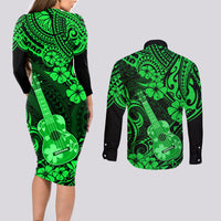 Hawaii Ukulele Couples Matching Long Sleeve Bodycon Dress and Long Sleeve Button Shirts Polynesian Pattern Green Version - Wonder Print Shop